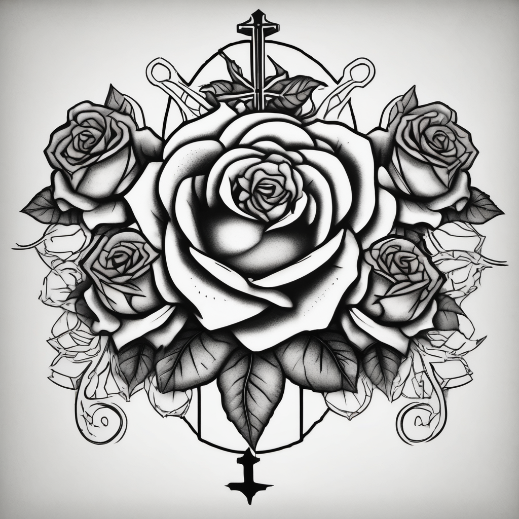 Three Big roses, with a cross outline in the middle three-crosses, design de tatouage Blackwork généré par IA
