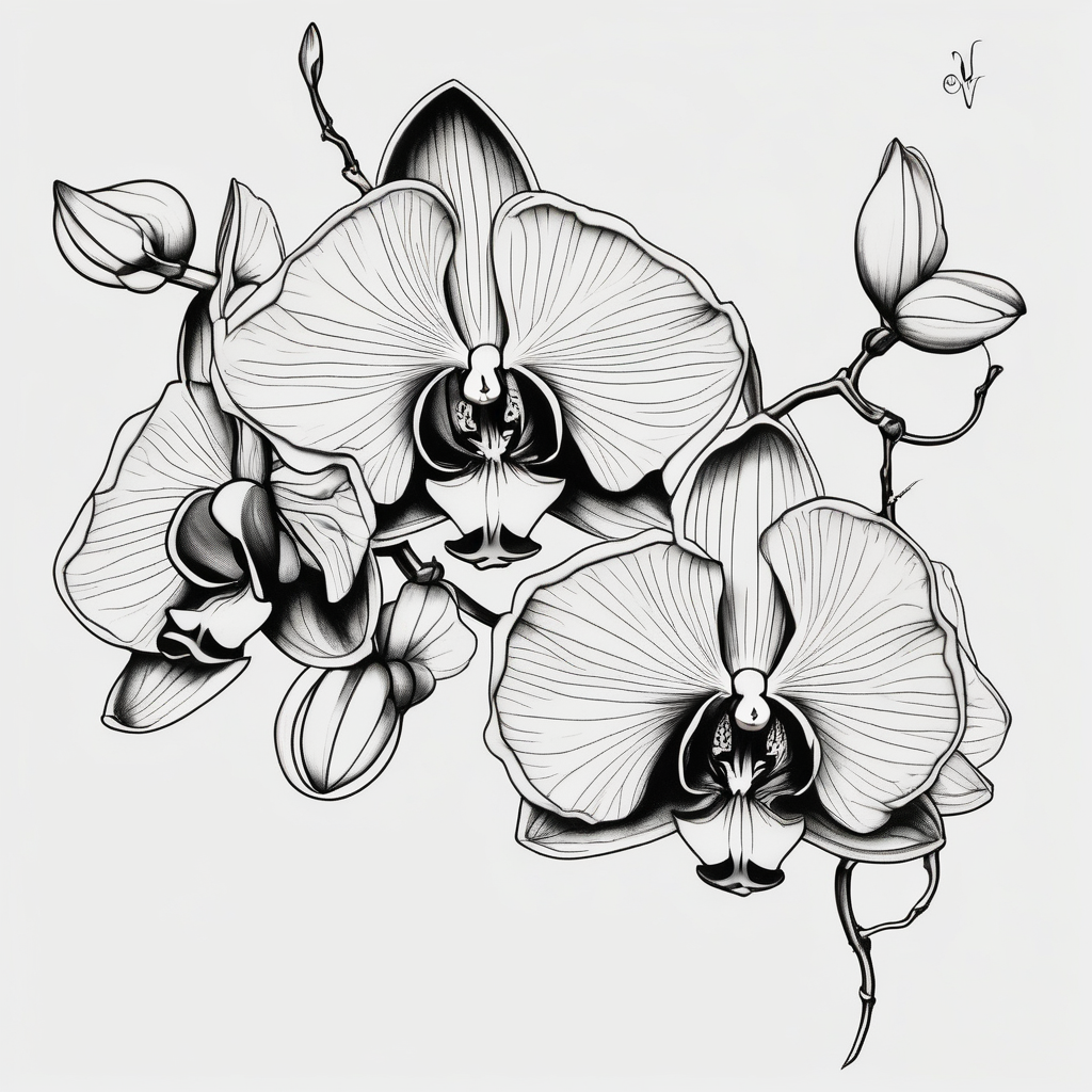Draw of three fine line orchids different size realistic, the central part resembles a vagina. Are connected with branches three-crosses, diseño de tatuaje Boceto generado con IA