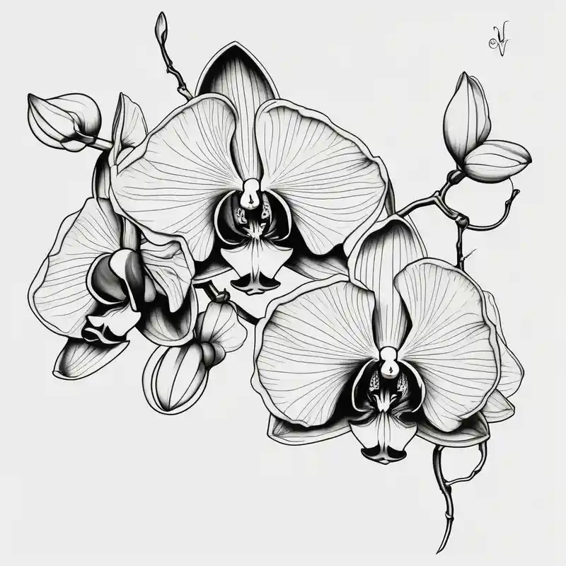 Draw of three fine line orchids different size realistic, the central part resembles a vagina. Are connected with branches – Boceto, Blanco y negro
