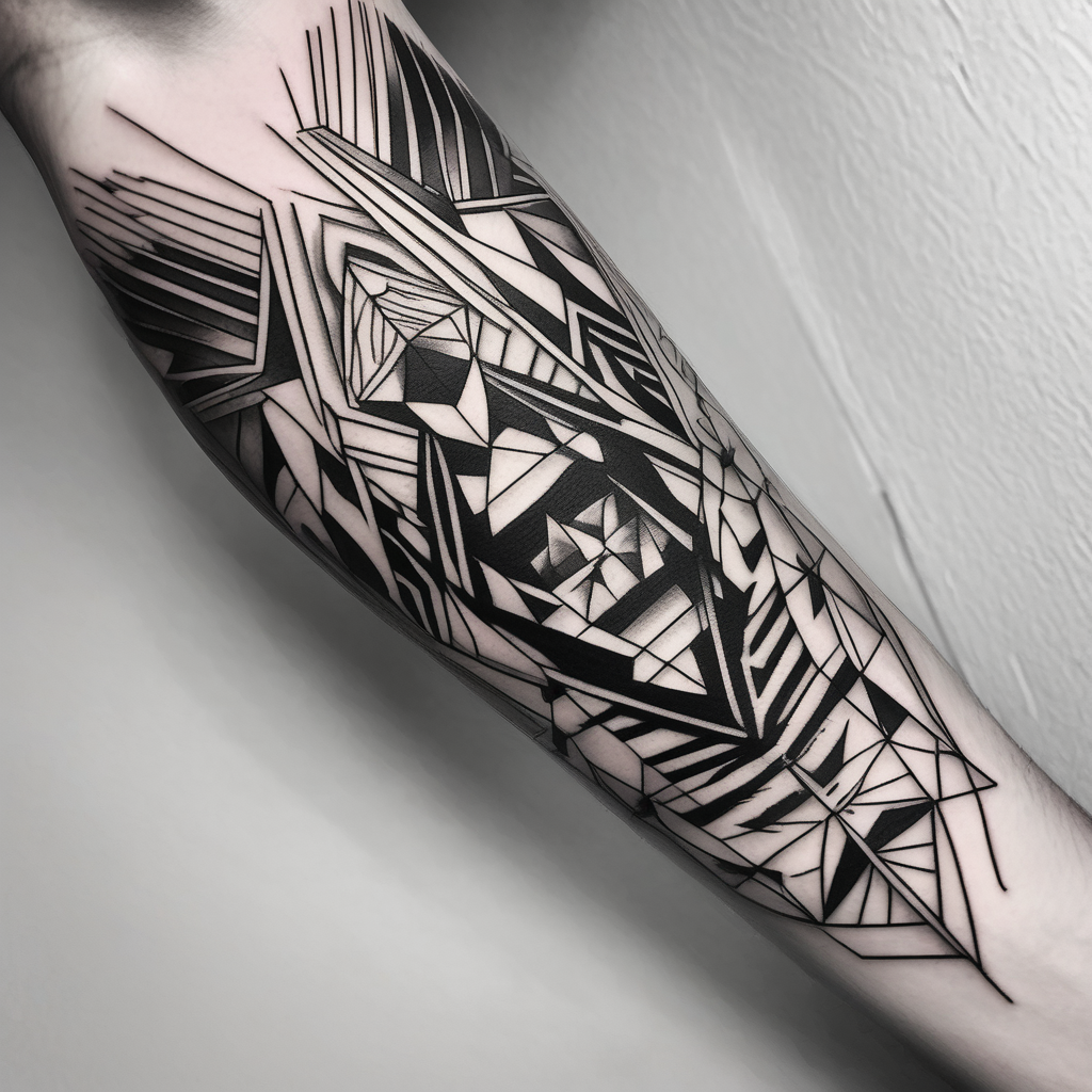 forearm tattoo, geometric, subtle, men, throat-for-men(AIが生成した白黒スタイルのタトゥーデザイン)