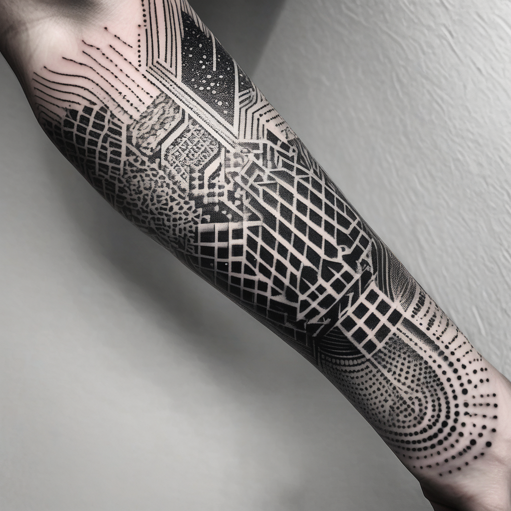 british, forearm tattoo, geometric, subtle, men, throat-for-men(AIが生成したドットワークスタイルのタトゥーデザイン)