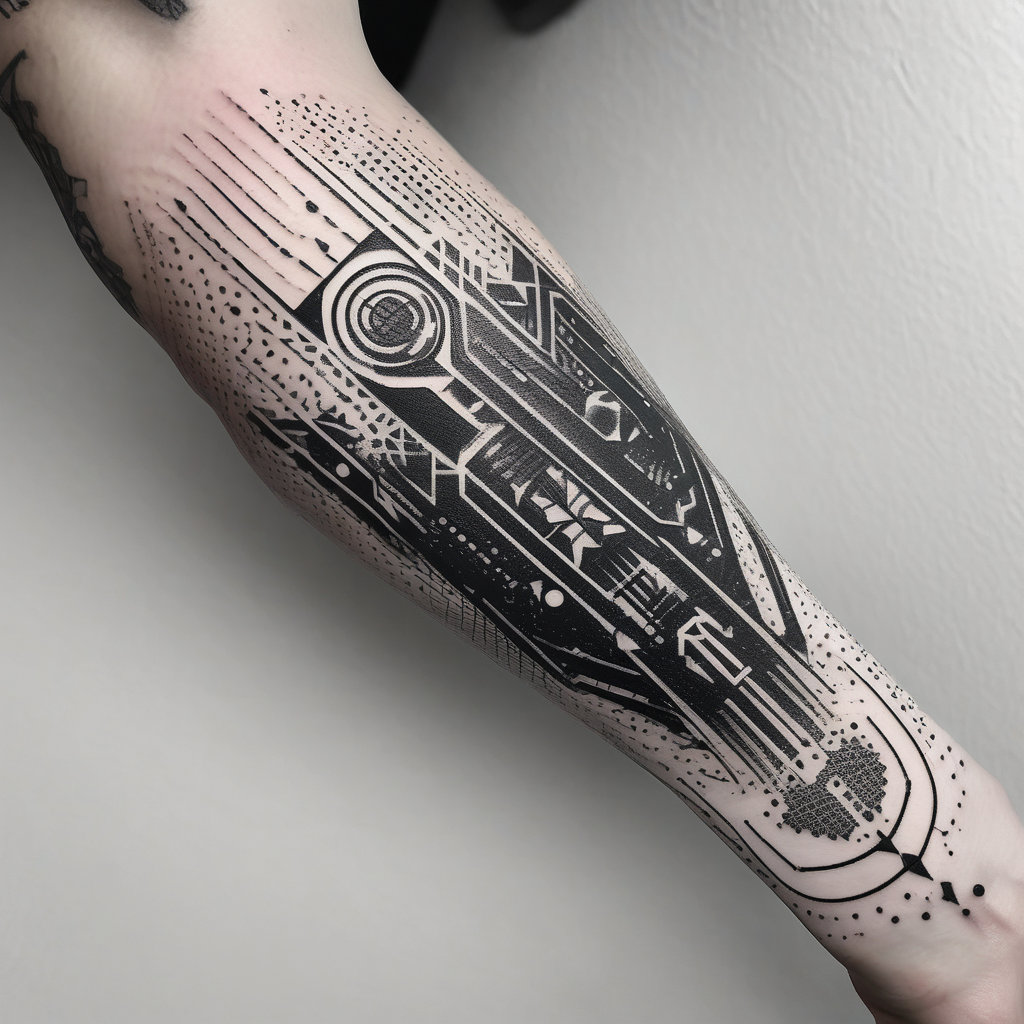cyberpunk 2077, forearm tattoo, geometric, subtle, men, city skyline, 4k throat-for-men(AIが生成したドットワークスタイルのタトゥーデザイン)
