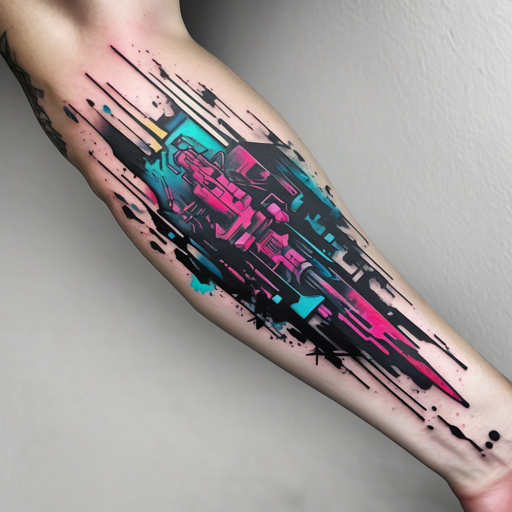 cyberpunk 2077, forearm tattoo, geometric, subtle, men, city skyline, 4k throat-for-men(AIが生成した水彩スタイルのタトゥーデザイン)