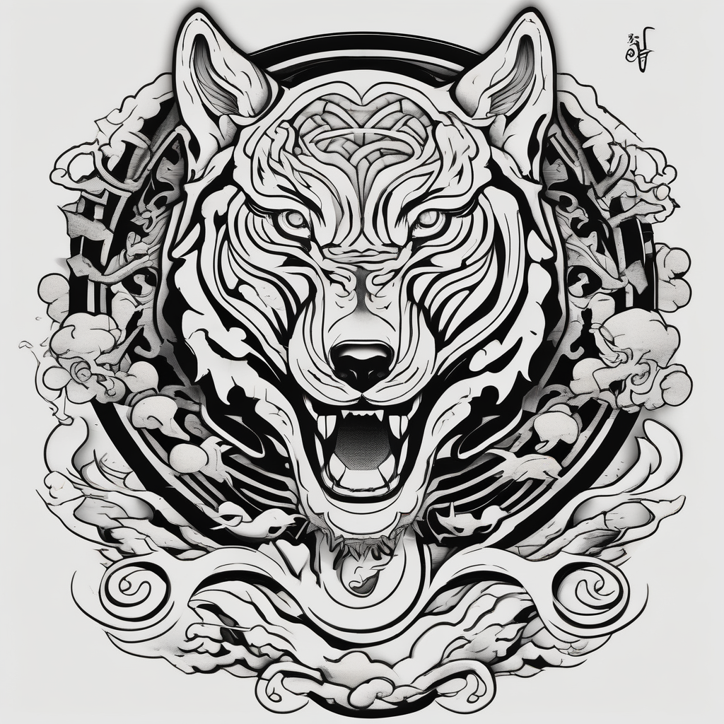 Wolf and dolphin and tiger, AI-generated Japanese tattoo design