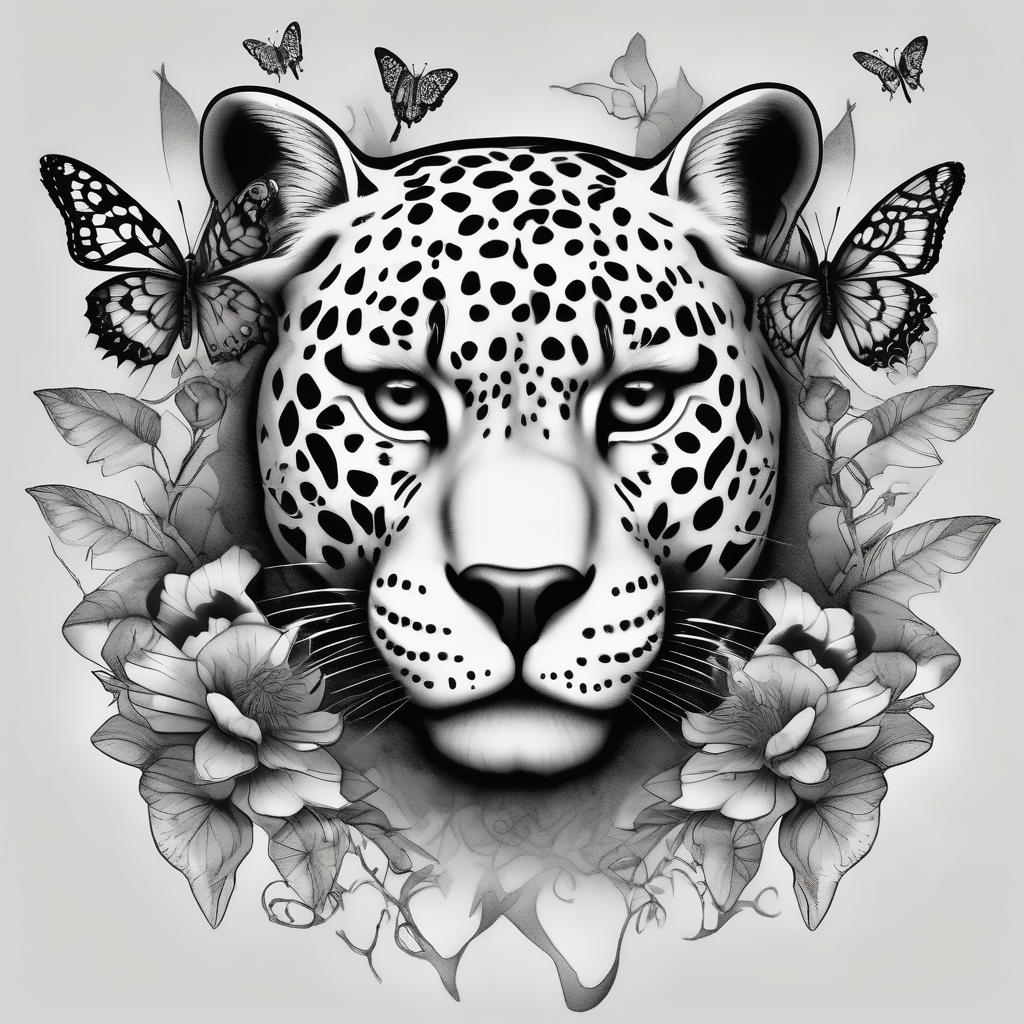 head of 3 jaguars (1 mother and 2 cubs) surrounded by butterflies and hummingbirds in new old school style touching-new(AIが生成した白黒スタイルのタトゥーデザイン)