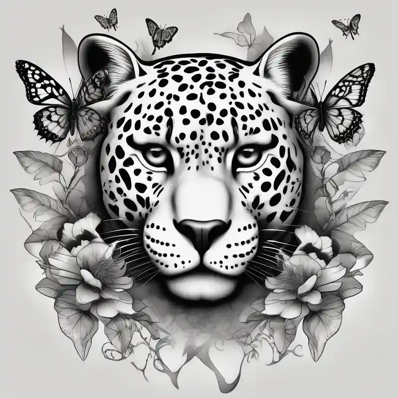 head of 3 jaguars (1 mother and 2 cubs) surrounded by butterflies and hummingbirds in new old school style – モノクロ, 白黒