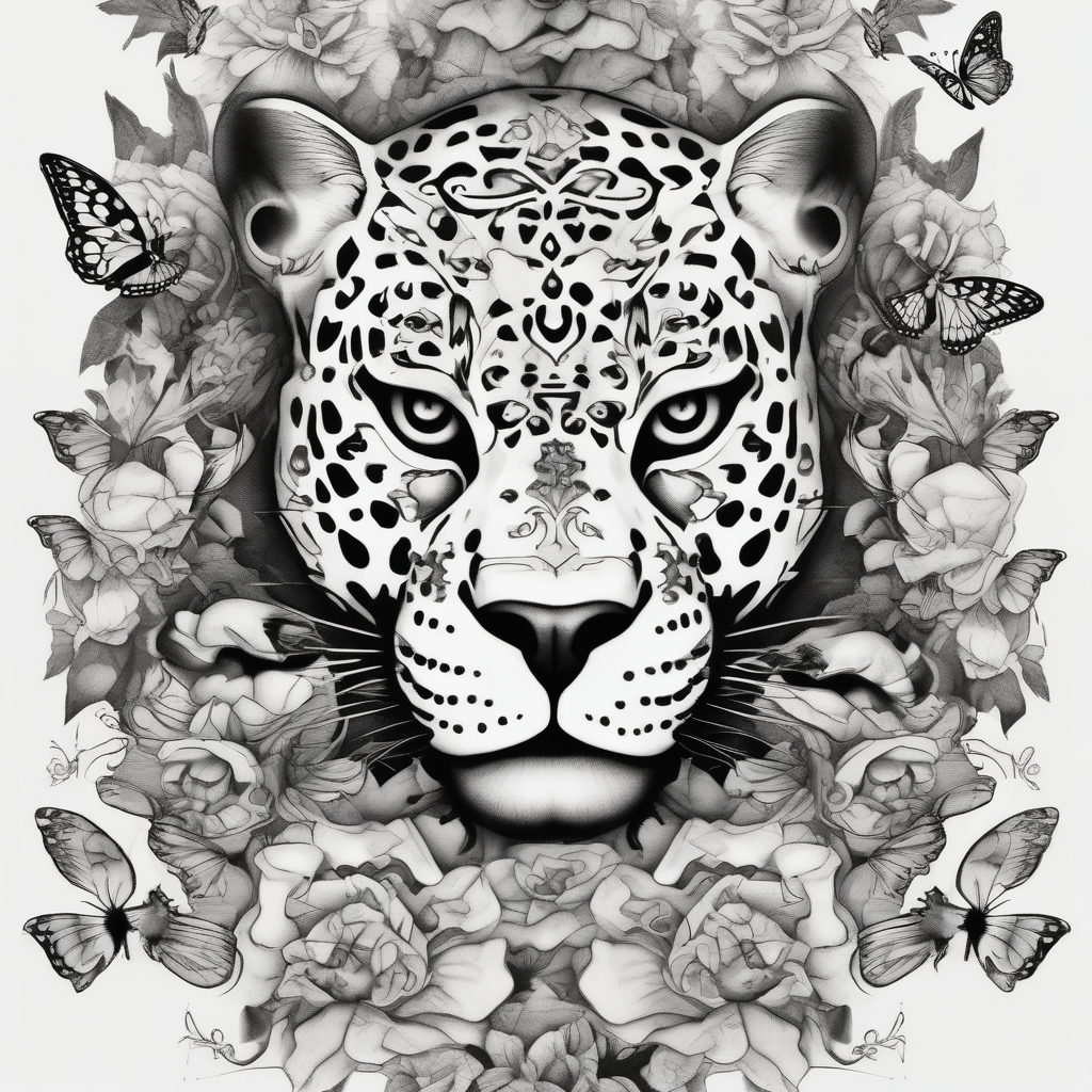 head of 3 jaguars (1 mother and 2 cubs) surrounded by butterflies and hummingbirds in new old school style touching-new(AIが生成したシュルレアリスムスタイルのタトゥーデザイン)