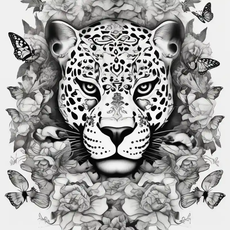 head of 3 jaguars (1 mother and 2 cubs) surrounded by butterflies and hummingbirds in new old school style – シュルレアリスム, 白黒