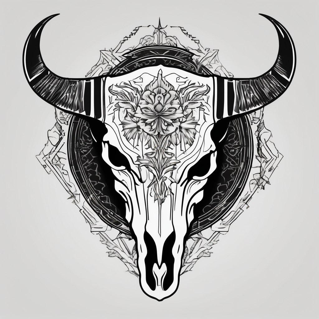 skull of a bull with a line frame, realistic, new mexico influence, simple touching-new, design de tatouage Blackwork généré par IA