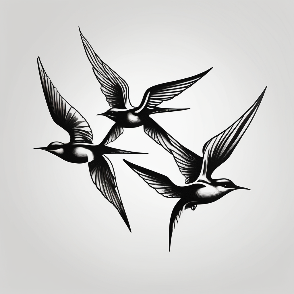 Design a forearm tattoo featuring a minimalist swallows in flight, symbolizing freedom and new beginnings touching-new, design de tatouage Réaliste généré par IA