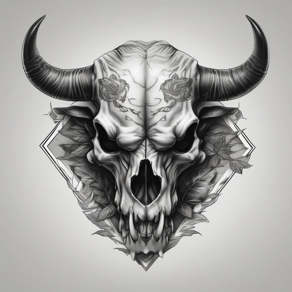 skull of a bull with a line frame, realistic, new mexico influence, simple touching-new, design de tatouage Réaliste généré par IA