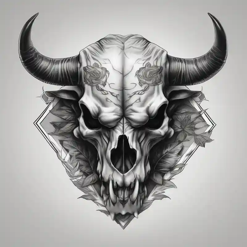 skull of a bull with a line frame, realistic, new mexico influence, simple – Réaliste, Noir et blanc