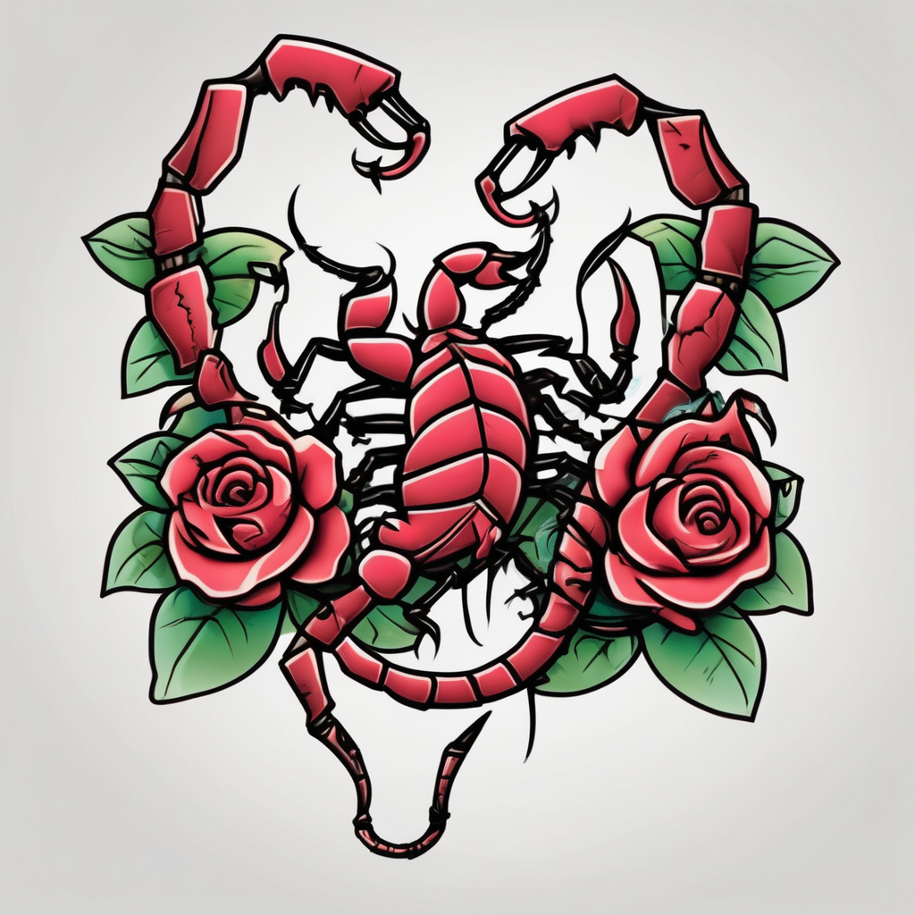 Scorpion with roses traditional-rose, AI-generated Cartoon tattoo design