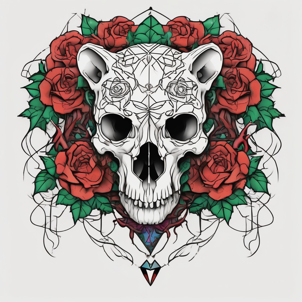 gothic bear skull intertwined with climbing roses and thorny vines traditional-rose, design de tatouage Géométrique généré par IA