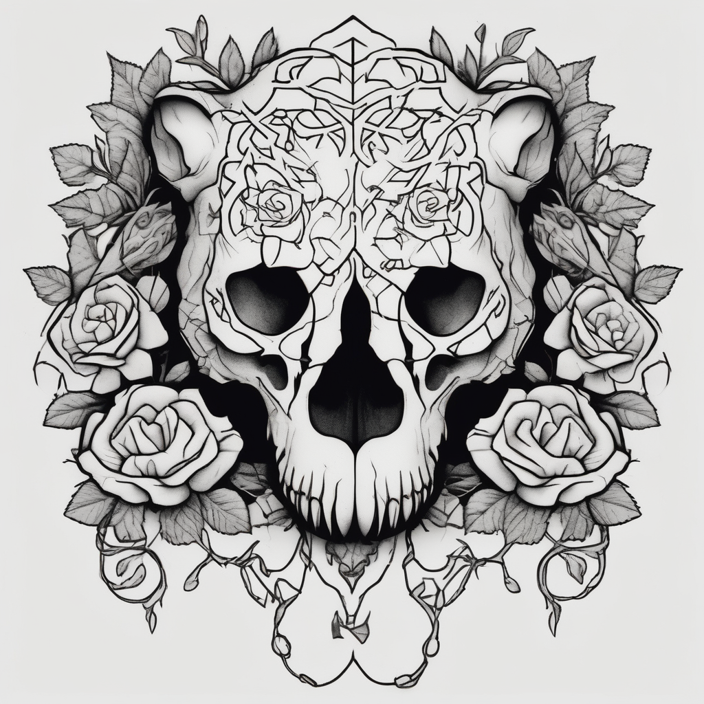 bear skull intertwined with climbing roses and thorny vines traditional-rose, AI-generated Blackwork tattoo design