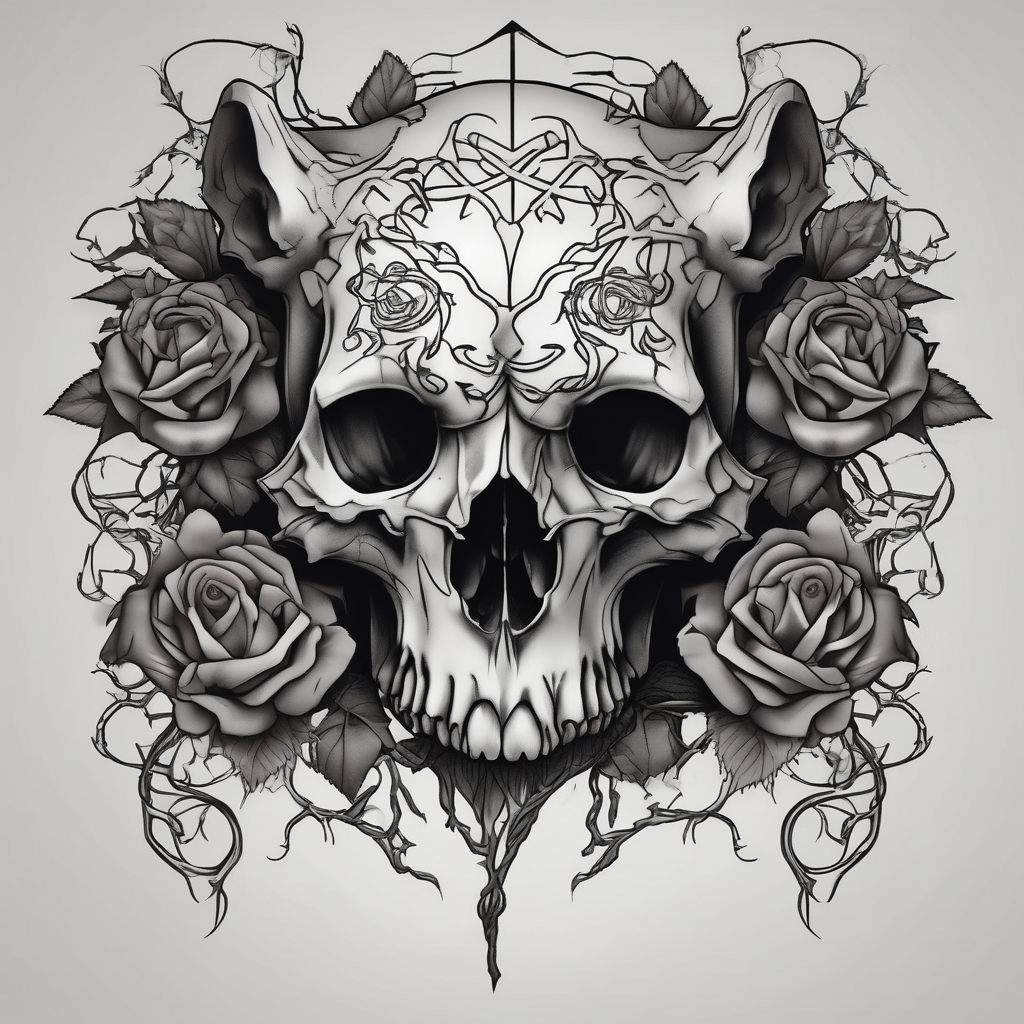 gothic bear skull intertwined with climbing roses and thorny vines traditional-rose, AI-generated Black and White tattoo design