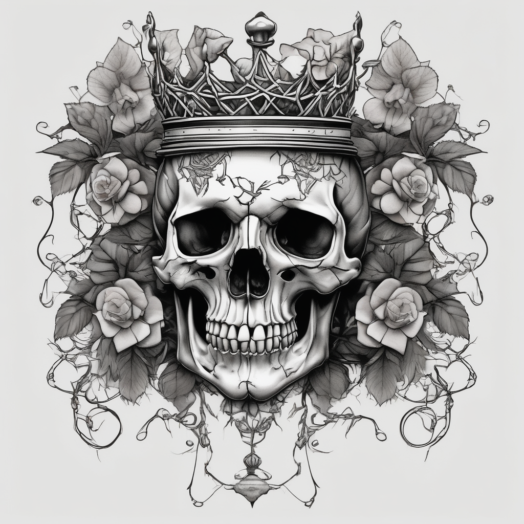 ornate skull adorned with crown of wild roses and thorns traditional-rose, diseño de tatuaje Surrealista generado con IA