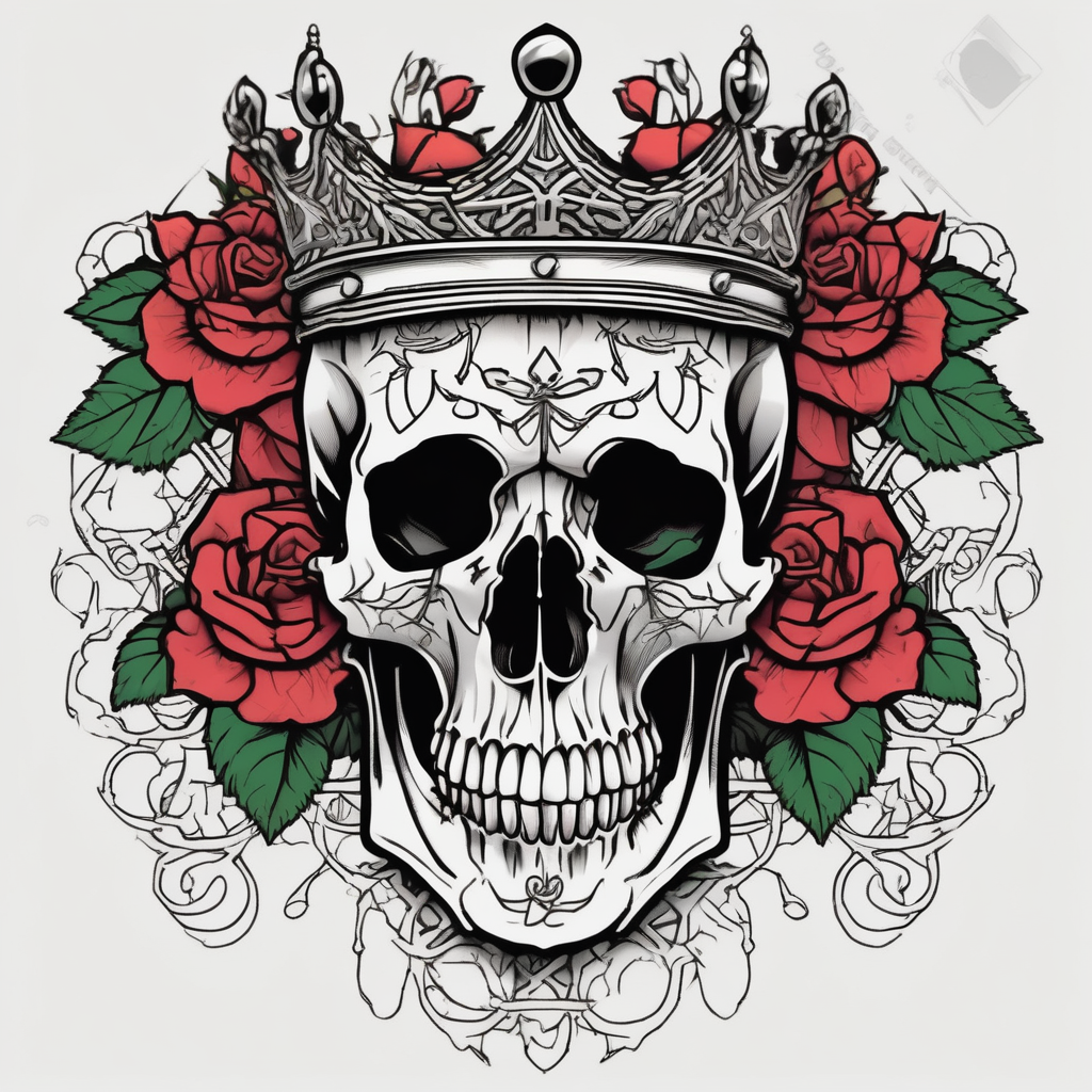 ornate skull adorned with crown of wild roses and thorns traditional-rose, diseño de tatuaje Old school generado con IA