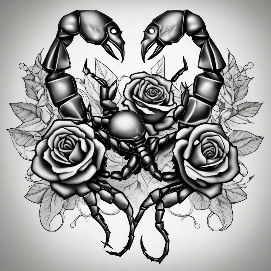Scorpion with roses traditional-rose, AI-generated Black and White tattoo design