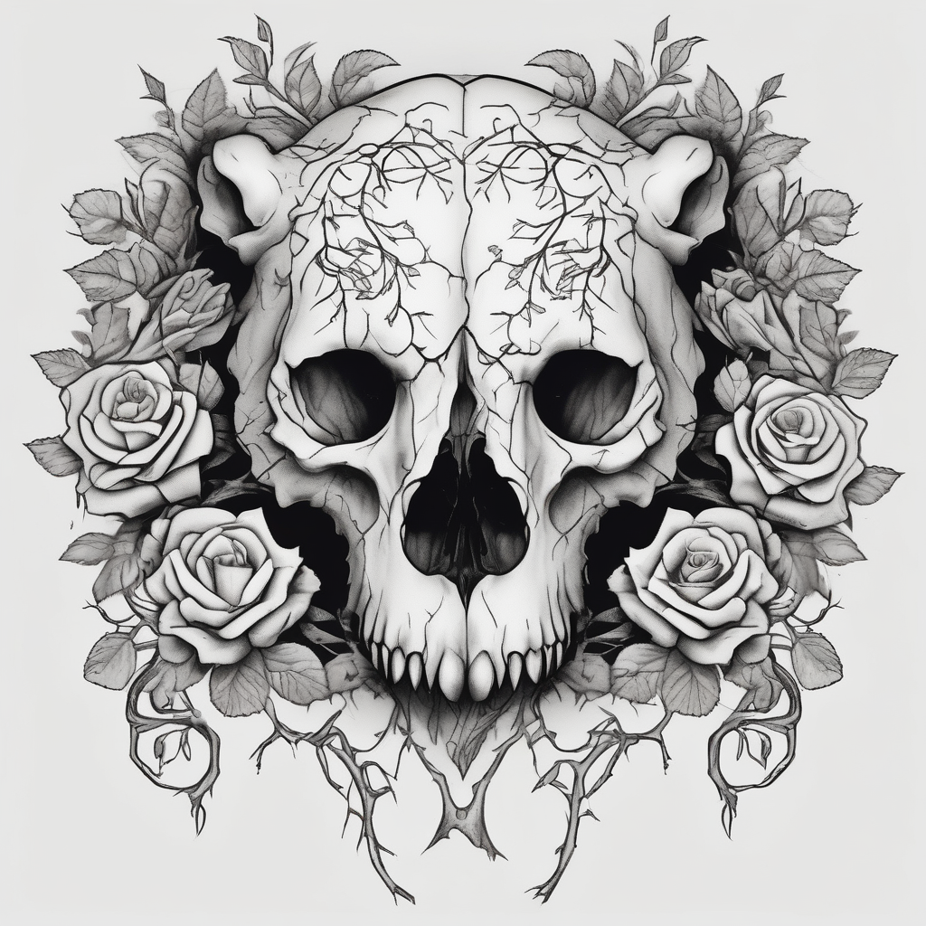 bear skull intertwined with climbing roses and thorny vines traditional-rose, AI-generated Sketch tattoo design