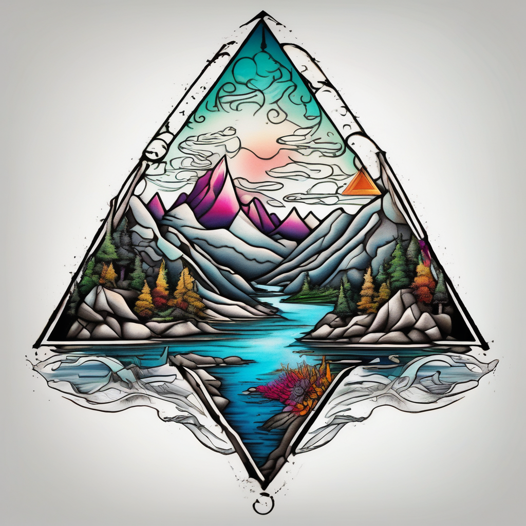Mountains with the river running through it all inside a triangle with Humboldt at the topb Mendocino in the left corner and Trinity in the right, design de tatouage Surréaliste généré par IA