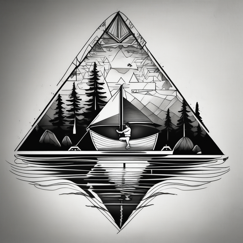 Triangular forearm tattoo set on a lake. At the bottom of the triangle there is a boat dock with a little boy fishing and a little girl reading. There are trees surrounding the lake., AI-generated Geometric tattoo design
