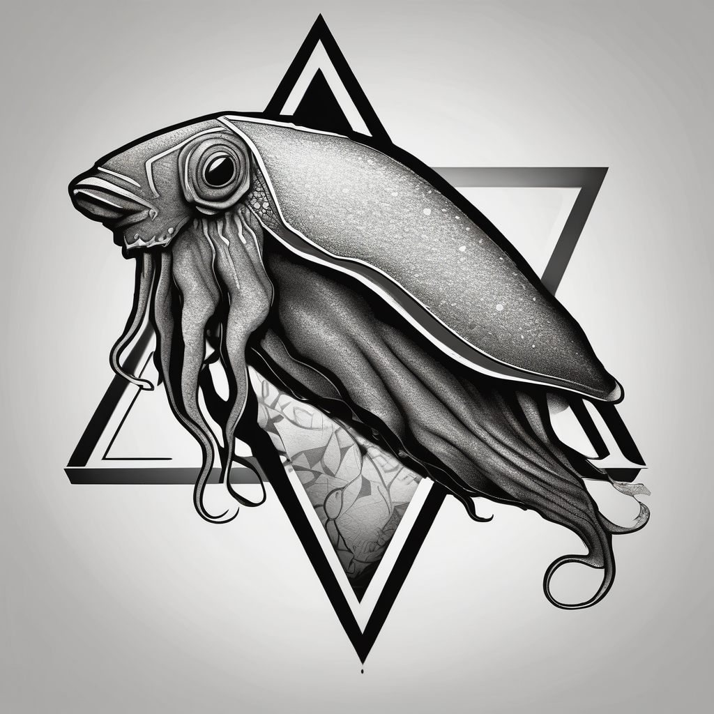 profile cuttlefish with triangle shape in the background, design de tatouage Noir et blanc généré par IA