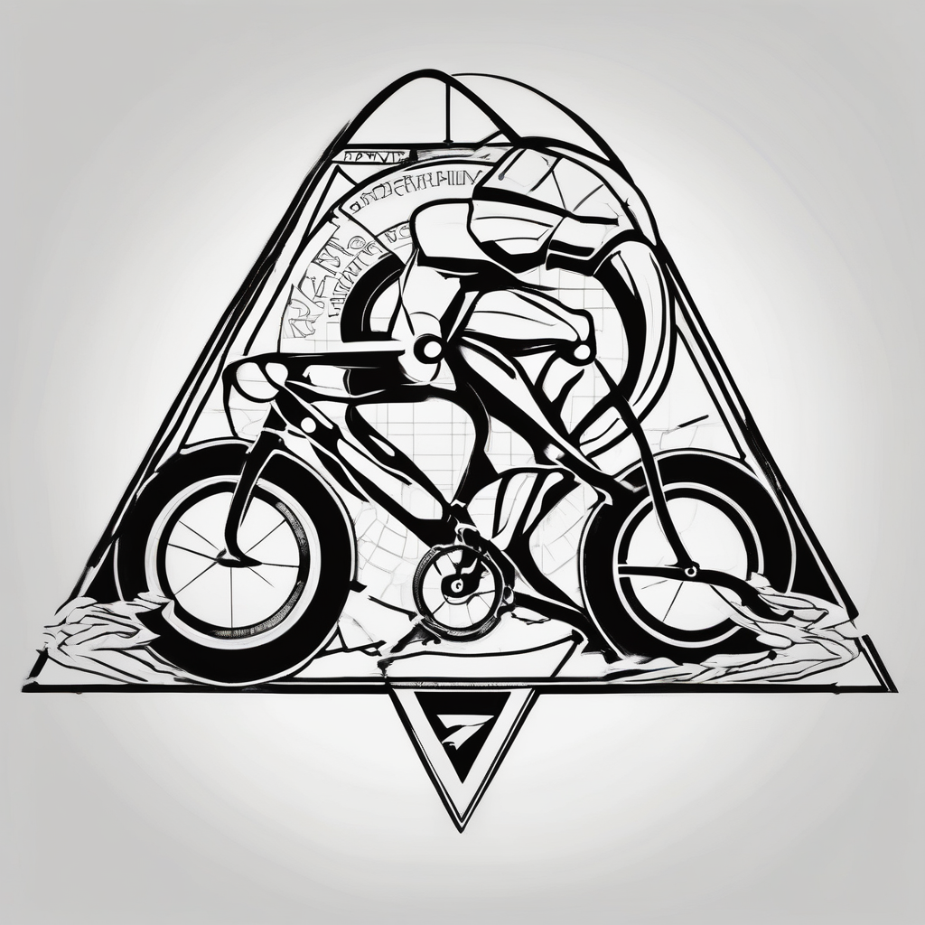 I want an ironman triathlon logo outlined with a triangle. off of the three points, i want the word adaptability and a swimmer, the word discipline and a bike, and the word determination and a runner, design de tatouage Noir et blanc généré par IA