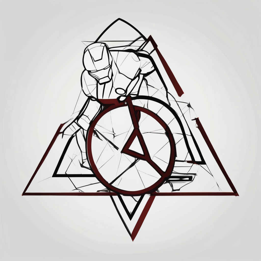 I want an ironman logo outlined with a triangle. off of the three points, i want the word adaptability and a swimmer, the word discipline and a bike, and the word determination and a runner, design de tatouage Minimaliste généré par IA