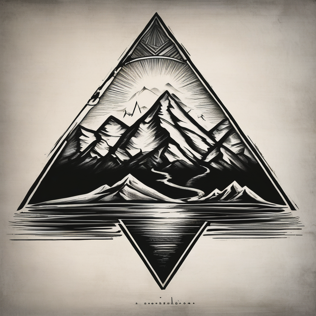 Mountains with the river running through it and a triangle around it with Humboldt at the top Mendocino in the left bcorner and Trinity in the right, design de tatouage Dotwork généré par IA
