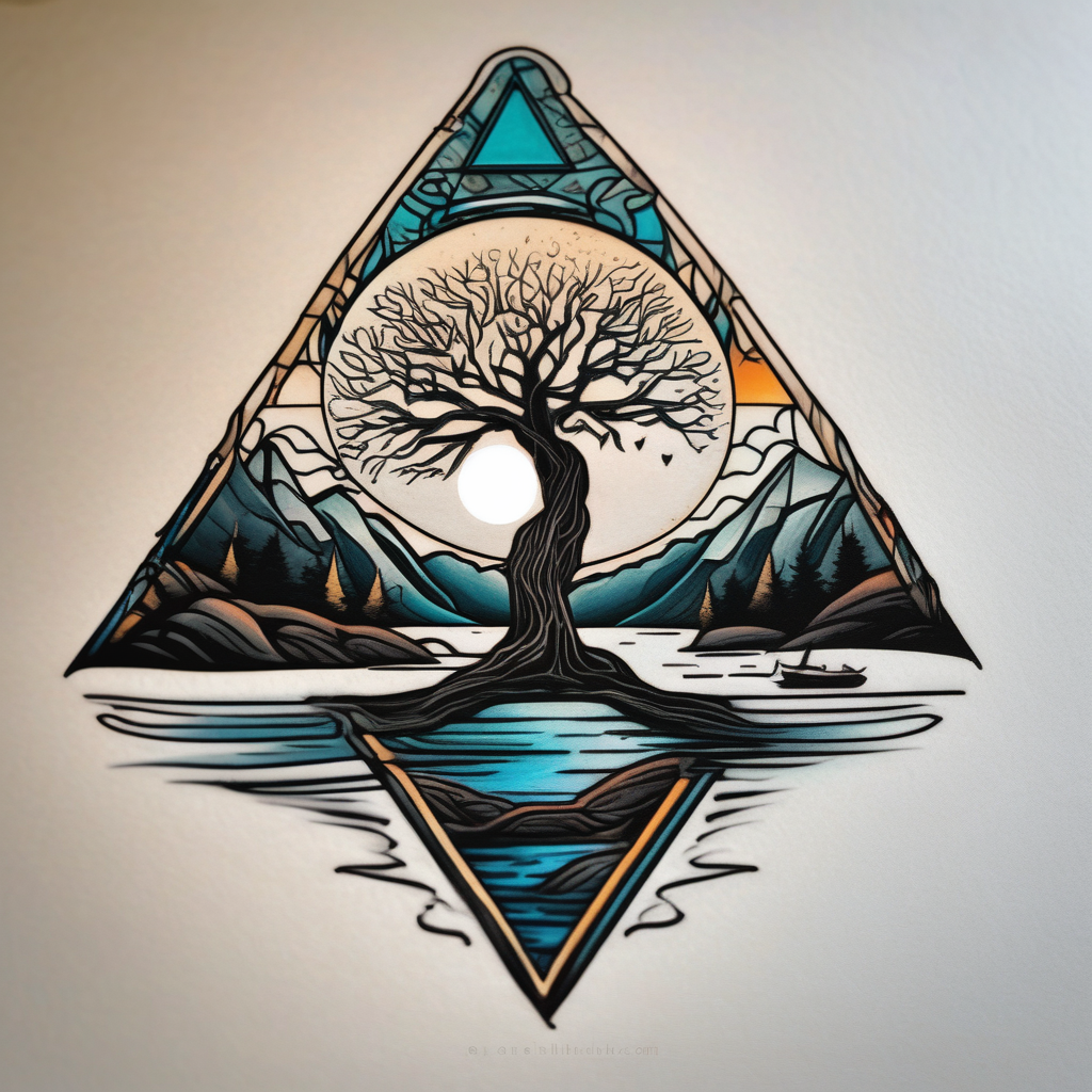 Oak tree by a flowing river with mountains and the sun and crescent moon in the background all inside of a geometric triangle. Some of the image will utilize negative space, diseño de tatuaje Surrealista generado con IA