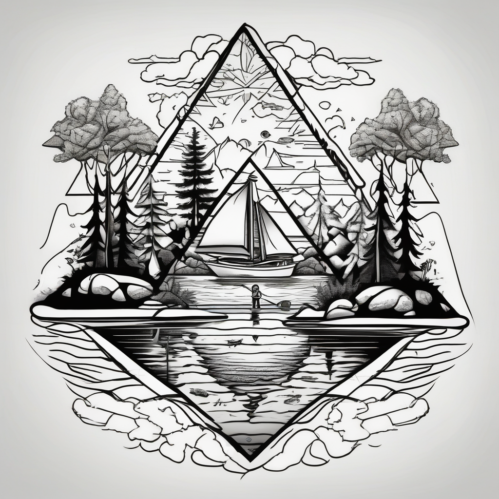 Triangular forearm tattoo set on a lake. At the bottom of the triangle there is a boat dock with a little boy fishing and a little girl reading. There are trees surrounding the lake., AI-generated Cartoon tattoo design