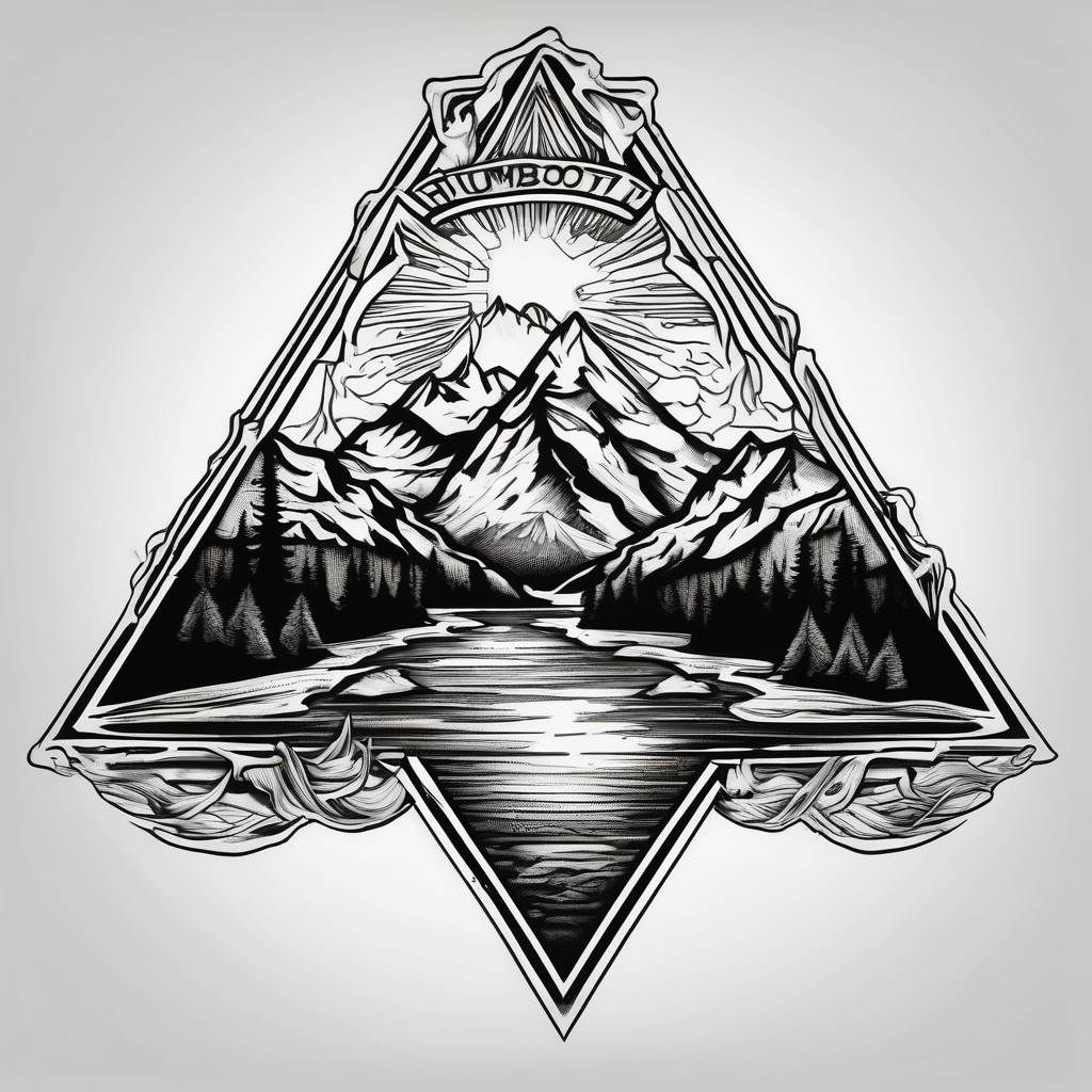 Mountains with the river running through it and a triangle around it with Humboldt at the top Mendocino in the left bcorner and Trinity in the right, design de tatouage Old school généré par IA