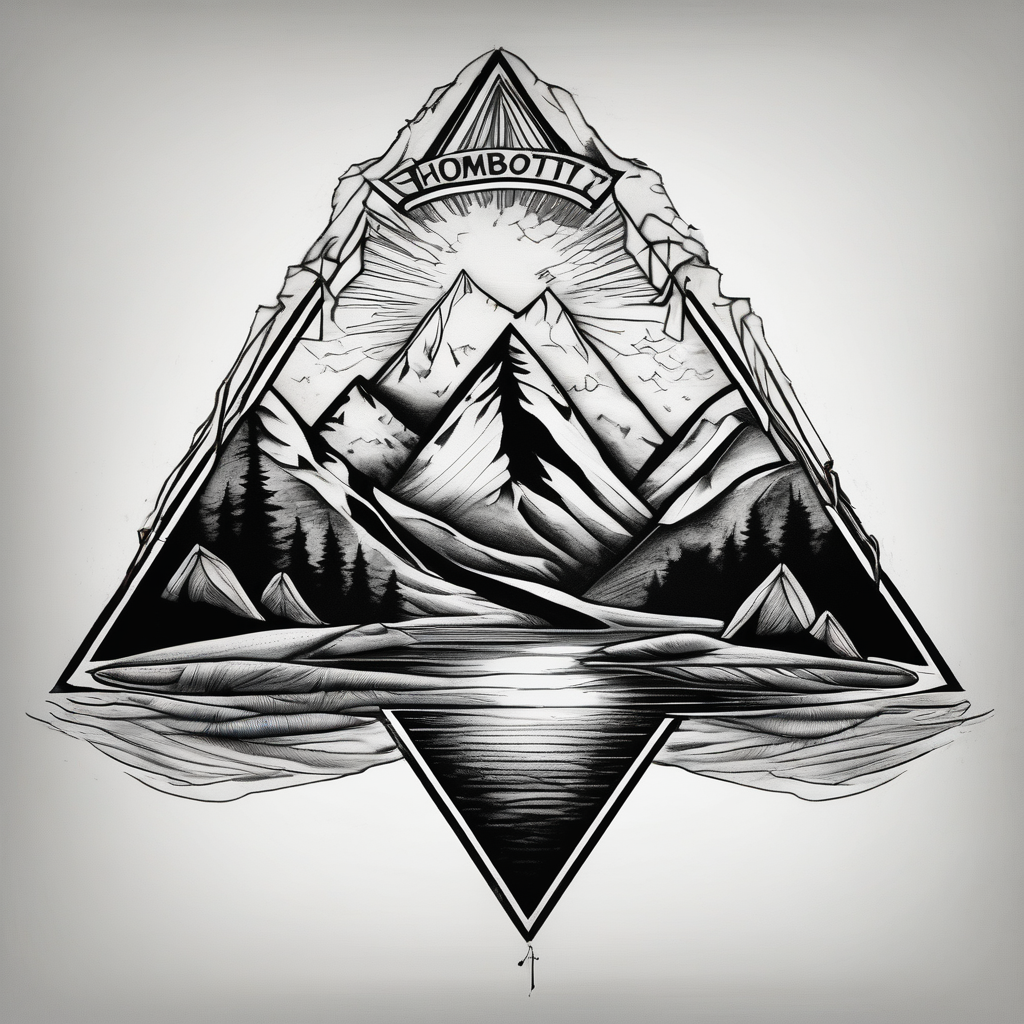 Mountains with the river running through it and a triangle around it with Humboldt at the top Mendocino in the left corner and Trinity in the right, design de tatouage Réaliste généré par IA