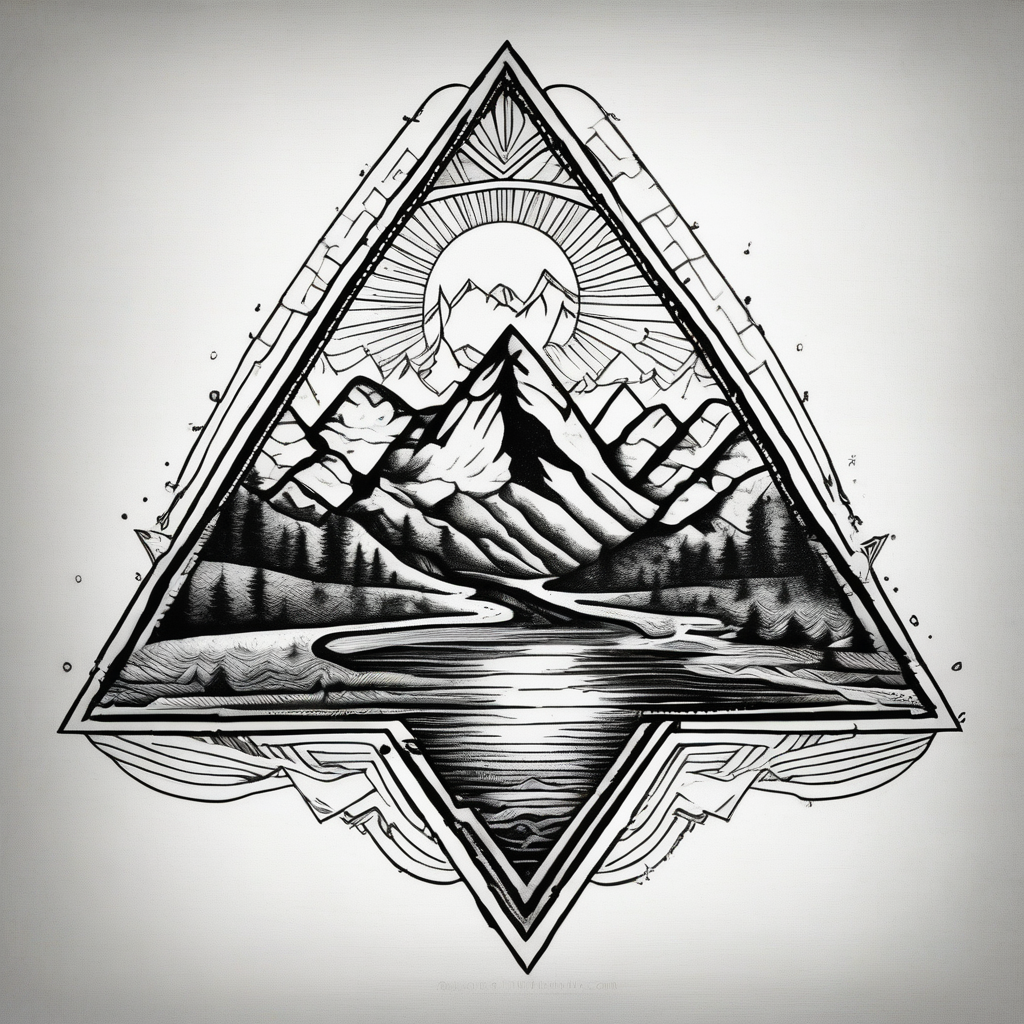 Mountains with the river running through it and a triangle around it with Humboldt at the top Mendocino in the left corner and Trinity in the right, design de tatouage Dotwork généré par IA