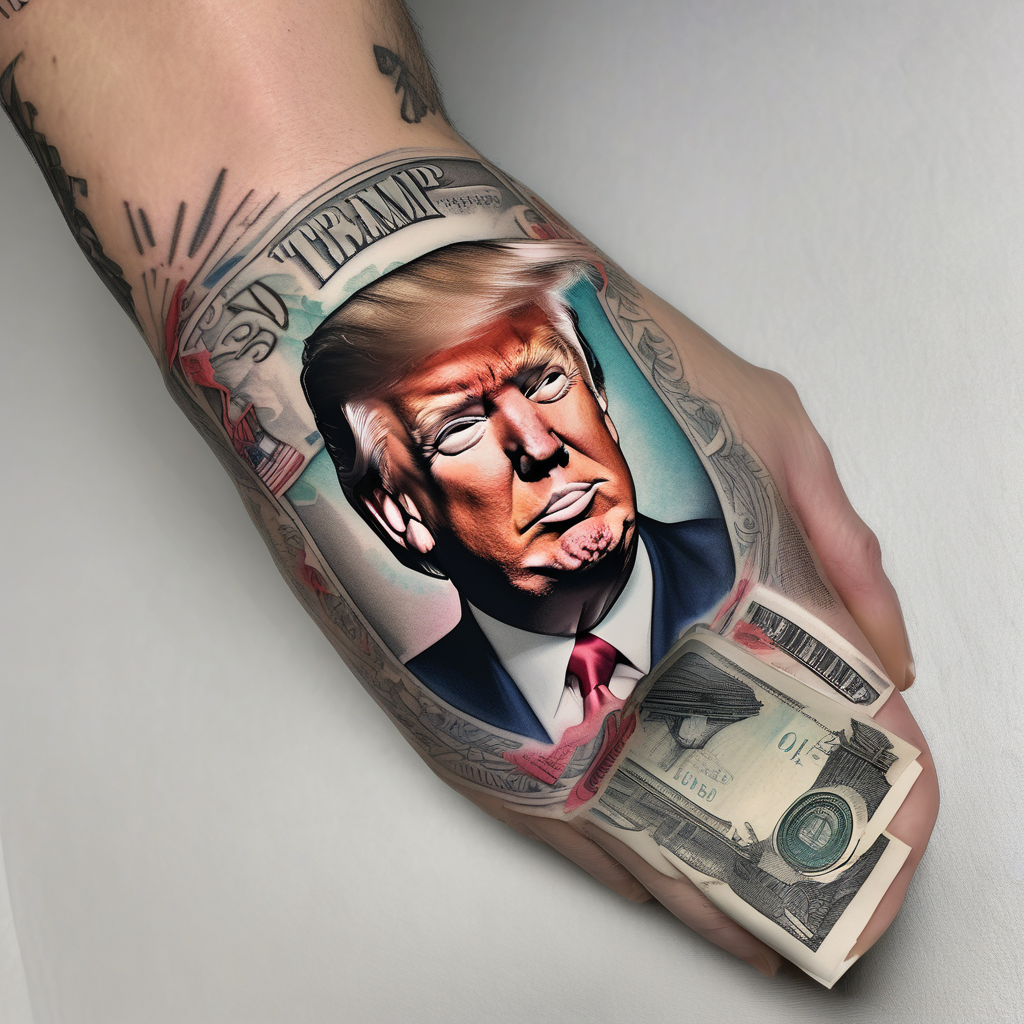 U.S. bills with President Trump laughing., design de tatouage Réaliste généré par IA