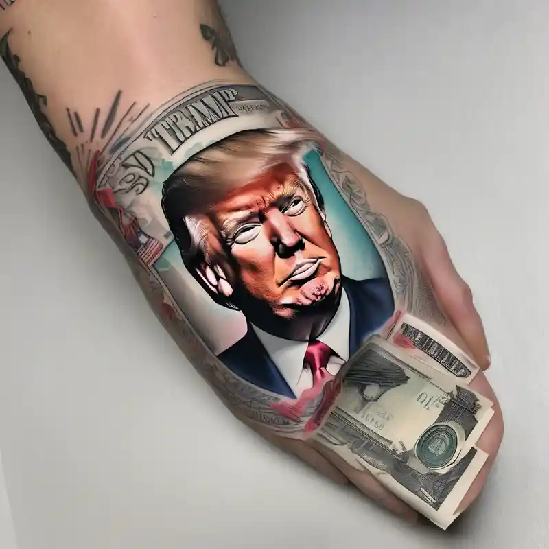 U.S. bills with President Trump laughing. – Réaliste, Couleurs vives