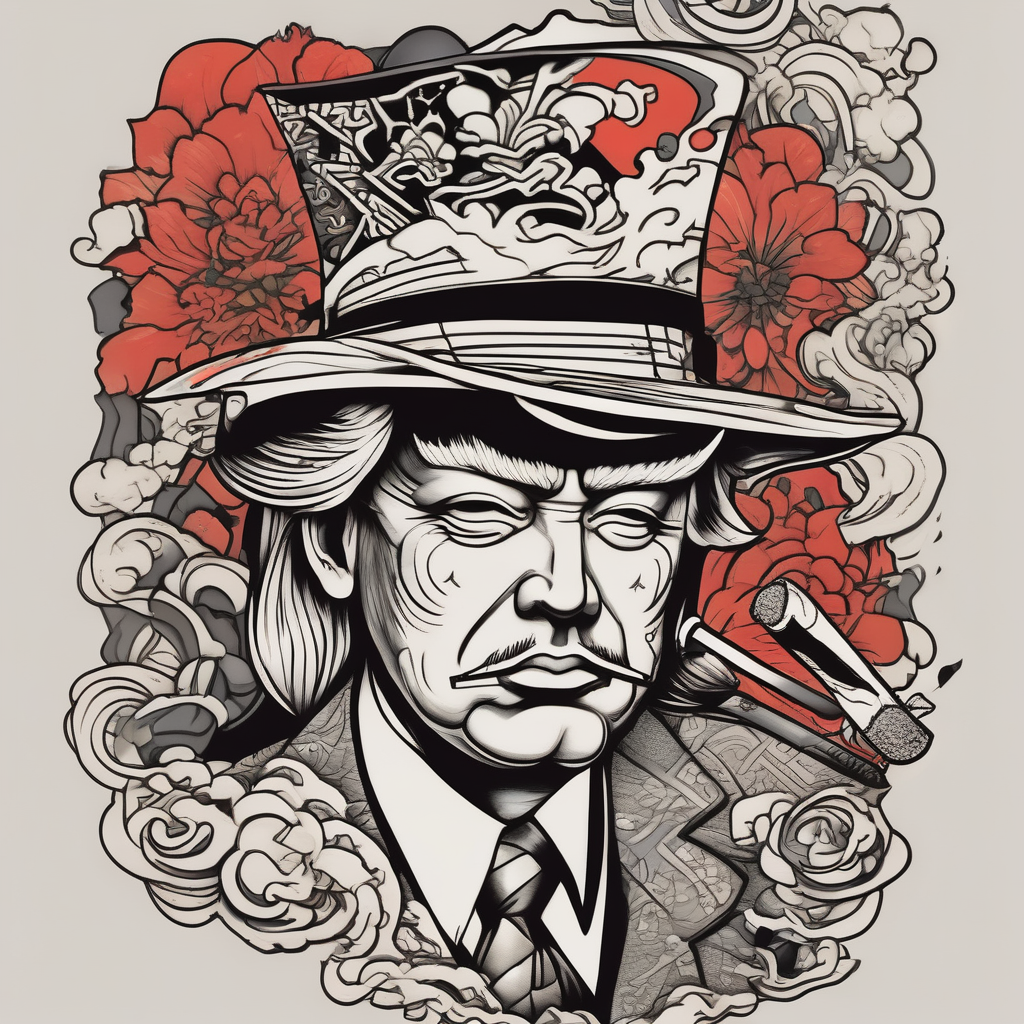 trump with hat smoking a cigarette, design de tatouage Japonais généré par IA