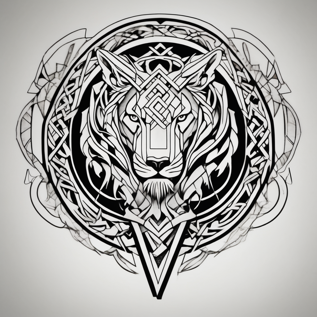celtic band for around an arm, incorporating the word love, a gryphon, a lion, a unicorn and a hare, diseño de tatuaje Geométrico generado con IA