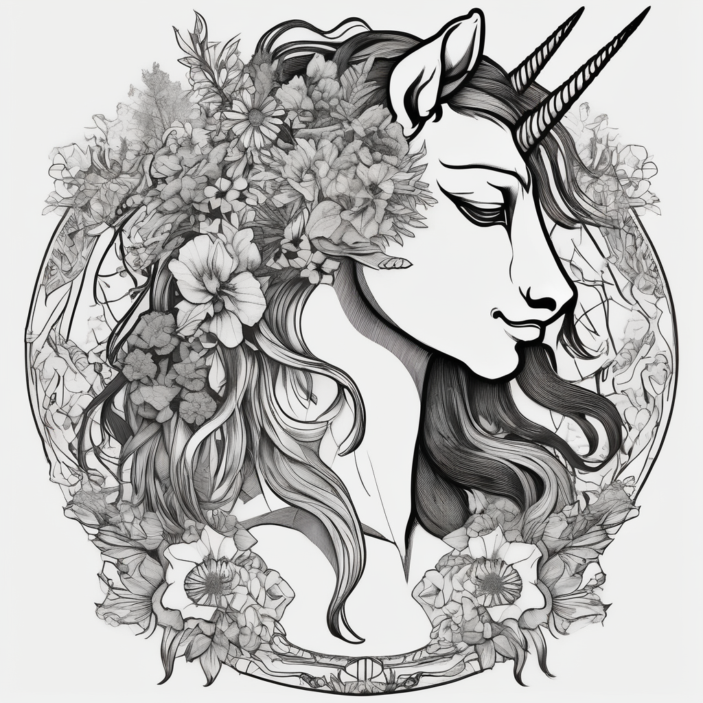 Warrior princess Valkarie with unicorn and wildflowers half sleeve, design de tatouage Blackwork généré par IA