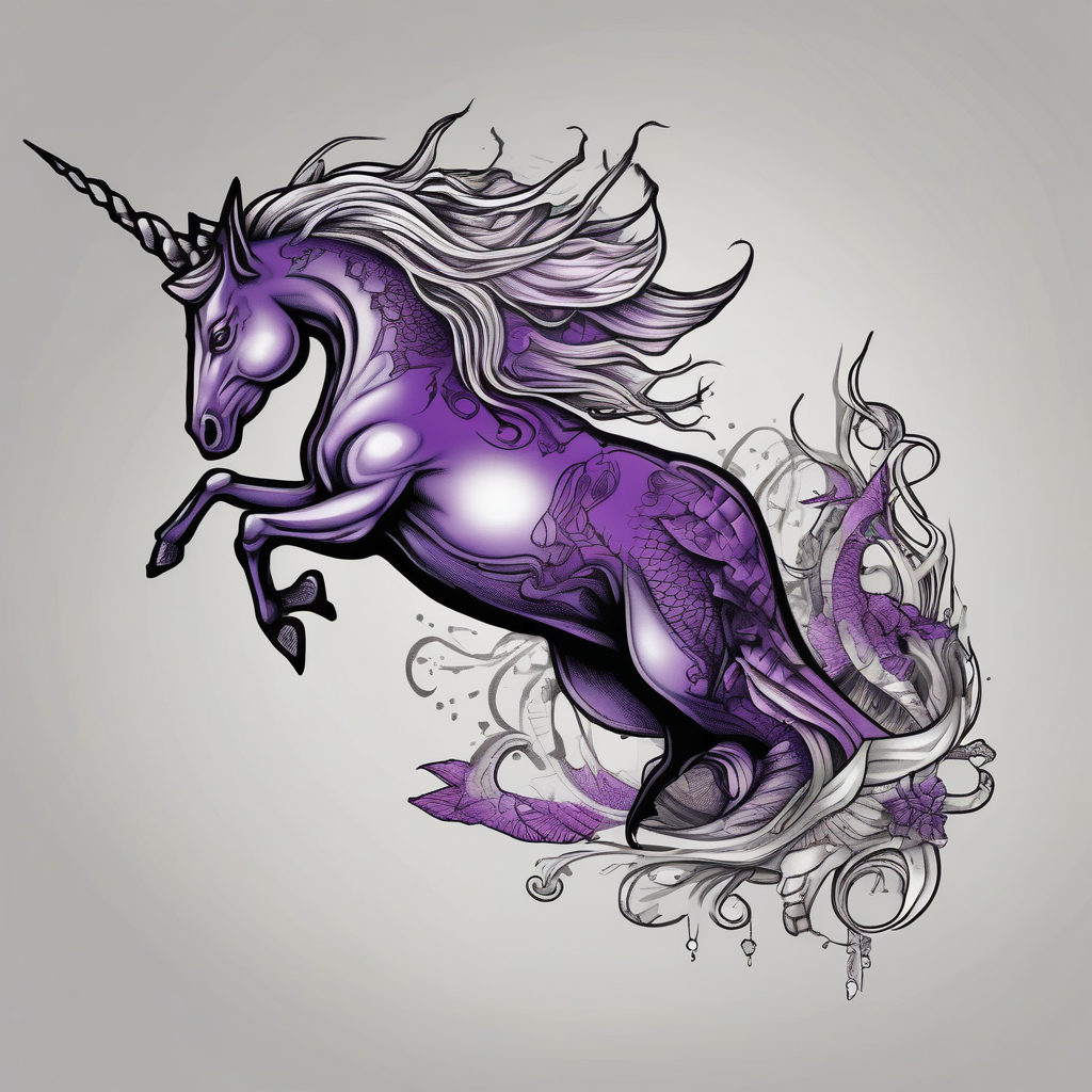 Purple fish riding a unicorn, design de tatouage Noir et blanc généré par IA