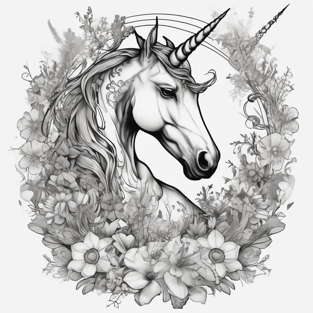 Unicorn and wildflowers half sleeve, design de tatouage Surréaliste généré par IA