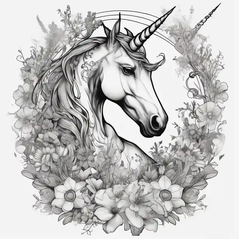 Unicorn and wildflowers half sleeve – Surréaliste, Noir et blanc