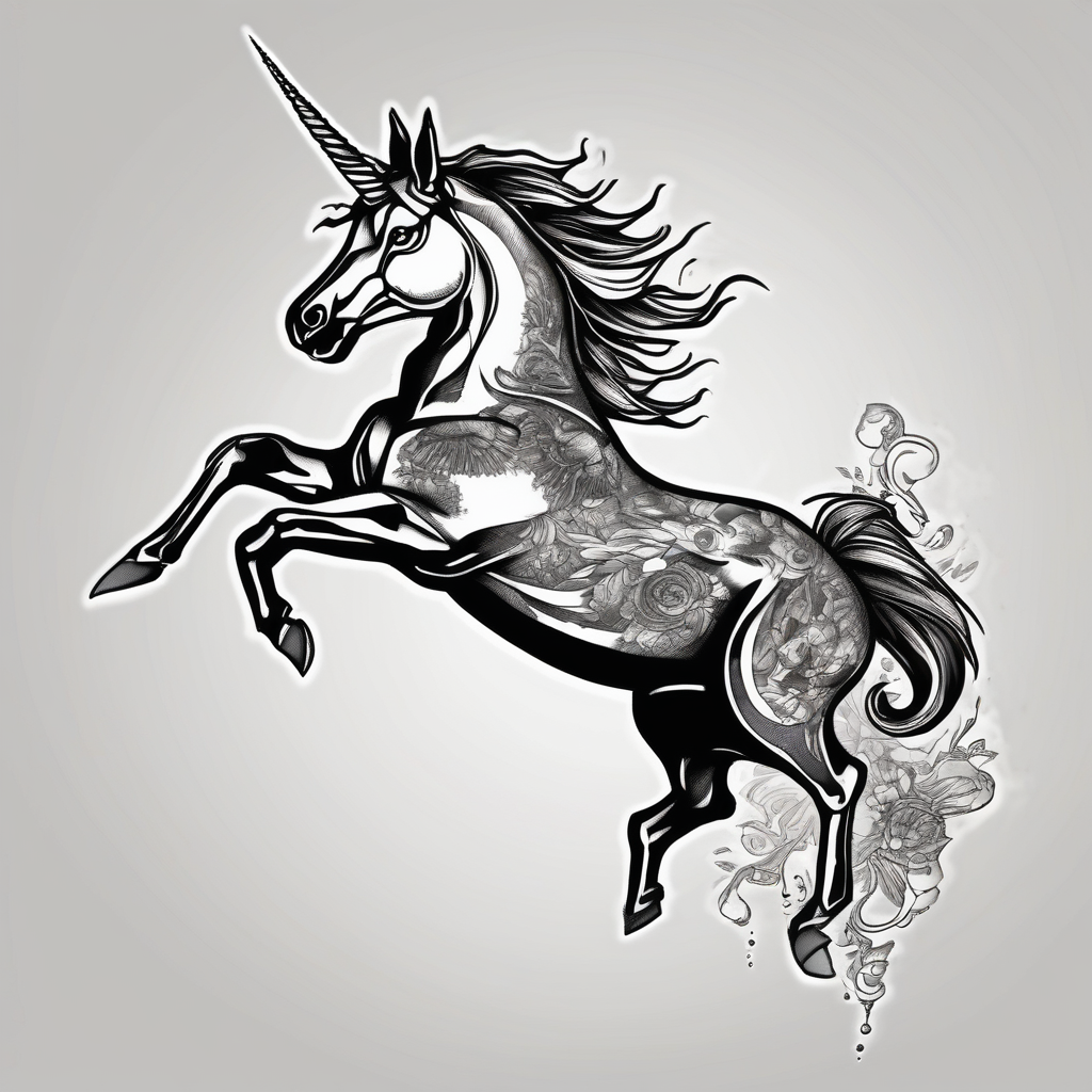 Unicorn jumping over a PENGUIN with the sun, diseño de tatuaje Blanco y negro generado con IA