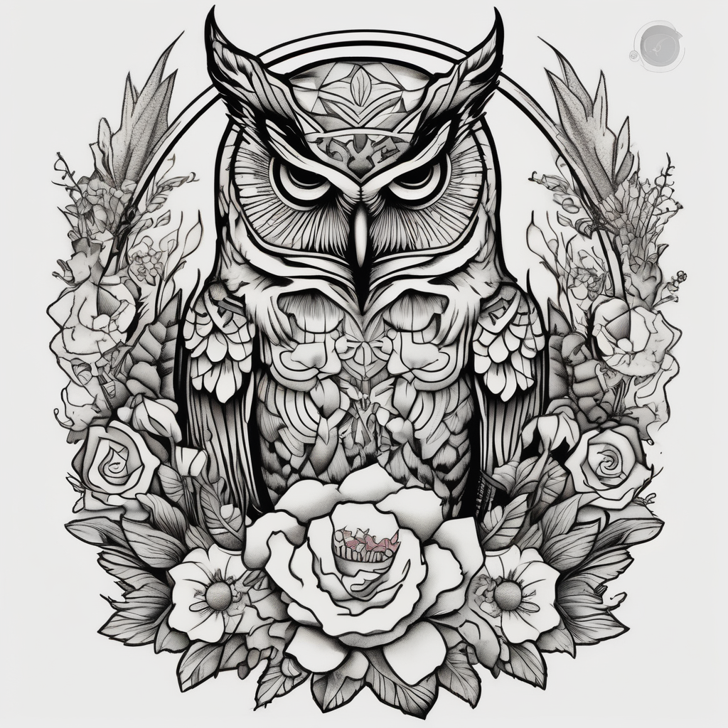 Owl and wildflowers and unicorn and warrior princess half sleeve, design de tatouage Old school généré par IA