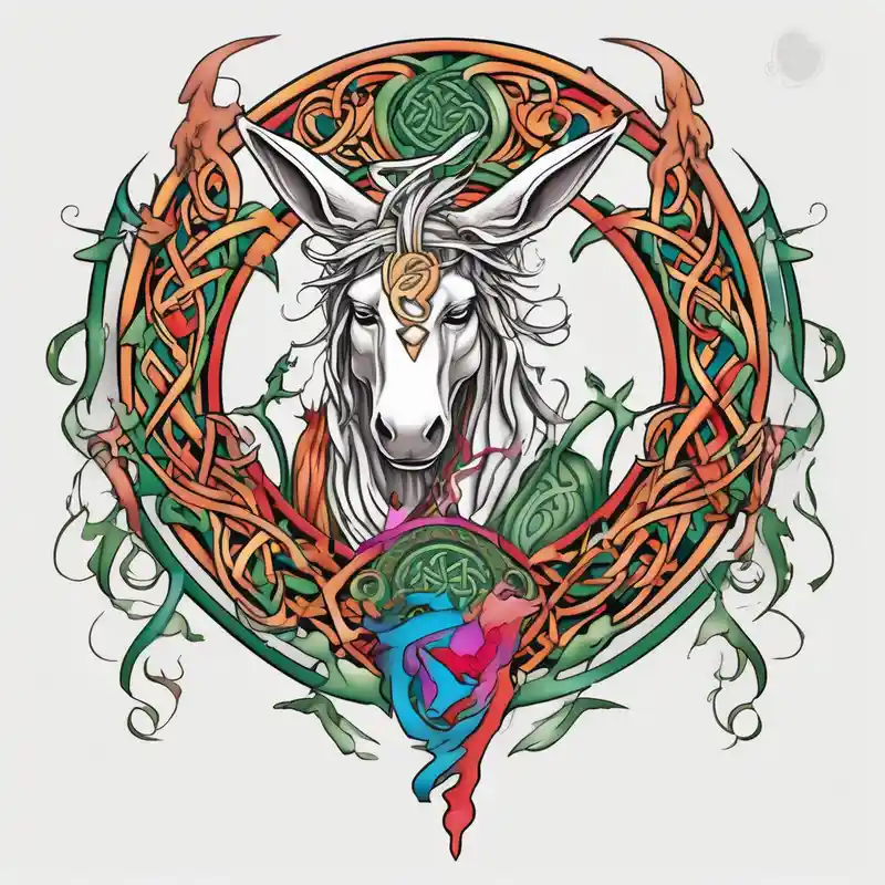celtic band for around an arm, incorporating the word love, a gryffin, a unicorn and a hare