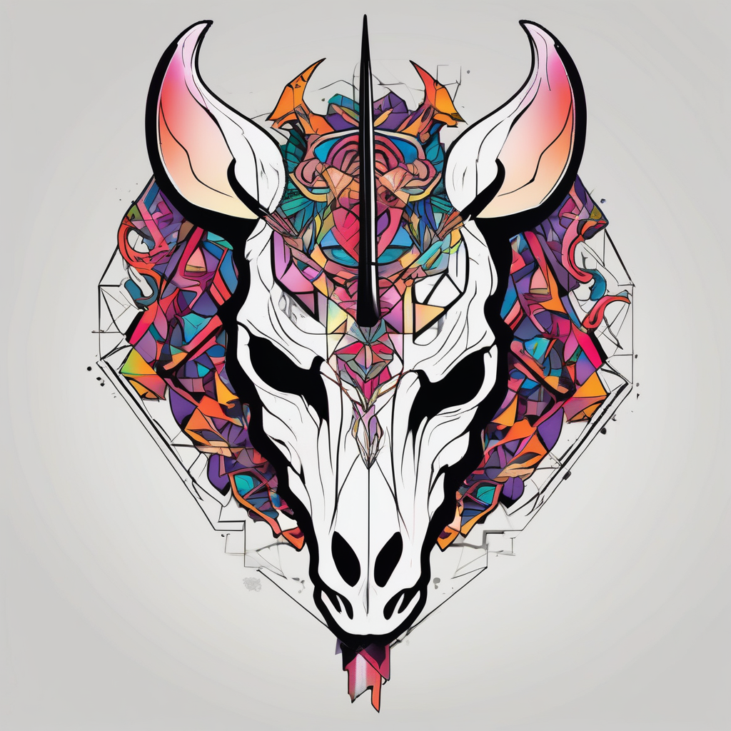 Unicorn skull – A dark twist with a skull and horn., design de tatouage Géométrique généré par IA