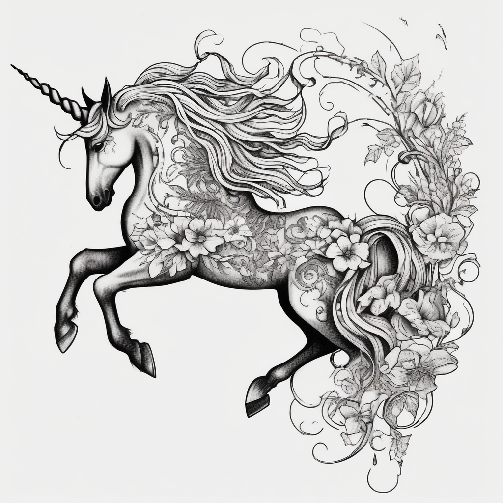 Floral mane – Unicorn with flowers and vines., design de tatouage Blackwork généré par IA