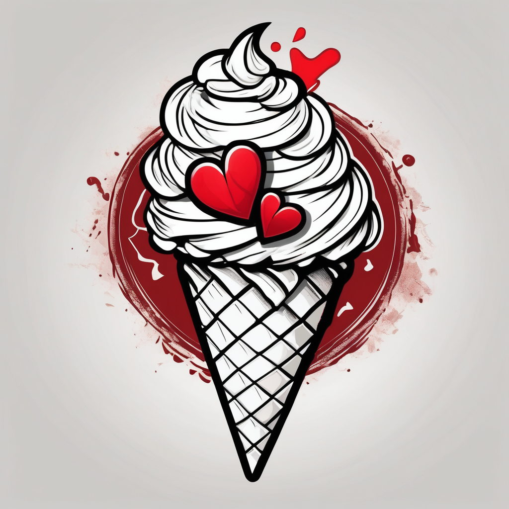 small one scoop ice cream cone with small red heart on it somewhere with unicorn, diseño de tatuaje Old school generado con IA
