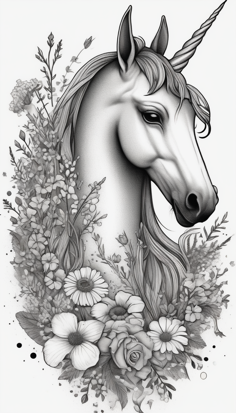 Unicorn and wildflowers half sleeve, design de tatouage Dotwork généré par IA